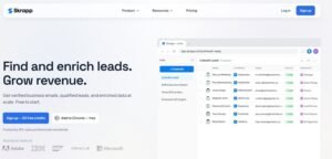 Screenshot of the Skrapp.io homepage headline stating Find and enrich leads. Grow revenue. alongside a product interface mockup showing a LinkedIn leads list with verified email addresses and user seniority titles.