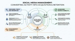 Social media management infographic illustrating a cyclical 'Social Media Management Engine' driving customer acquisition, cross-channel search synergy, and measurable retention impact.