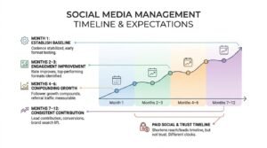 Social media management components diagram showing five operational pillars—strategy, content creation, scheduling, community management, and reporting—mapped around an interconnected system of gears, screens, and conduits.