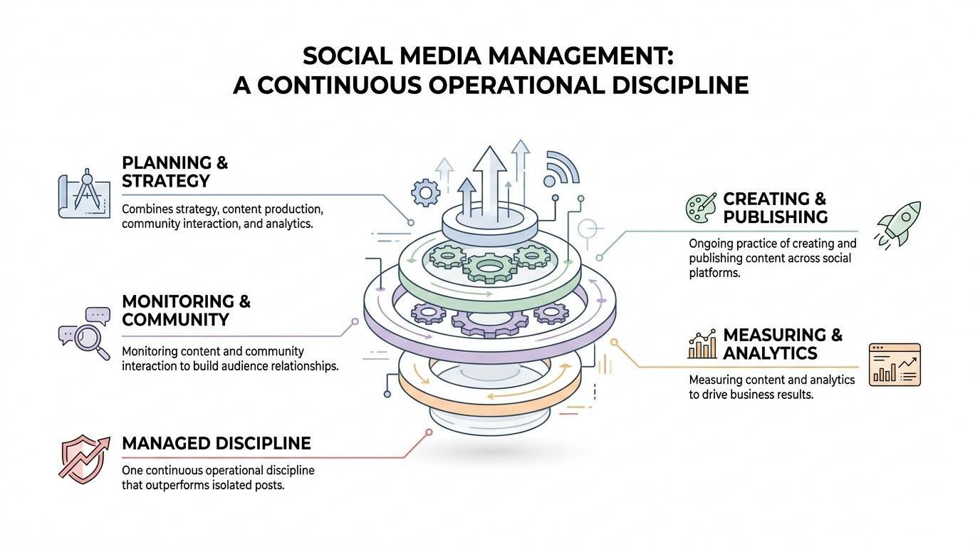 Social media management infographic illustrating a multi-tiered circular engine representing a continuous operational discipline that integrates planning and strategy, content creation and publishing, community monitoring, analytics measurement, and cohesive execution.