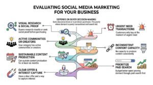 Infographic titled 'Evaluating Social Media Marketing for Your Business' displaying a central winding decision path that contrasts qualifying green-flag business traits on the left against disqualifying red flags on the right.