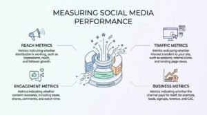 Infographic titled 'Measuring Social Media Performance' showing an illustrated central circular podium releasing engagement sparks, surrounded by four metric pillars: Reach Metrics, Engagement Metrics, Traffic Metrics, and Business Metrics.