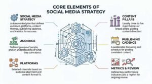 Infographic titled 'Core Elements of Social Media Strategy' highlighting six foundational components around an intricate gear-engine illustration: Social Media Strategy, Audience, Platforms, Content Pillars, Publishing Cadence, and Metrics & Review.