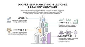 Infographic titled 'Social Media Marketing Milestones & Realistic Outcomes' illustrating an escalating 12-month building block timeline divided into Month 1, Months 2–3, Months 4–6, and Months 7–12.
