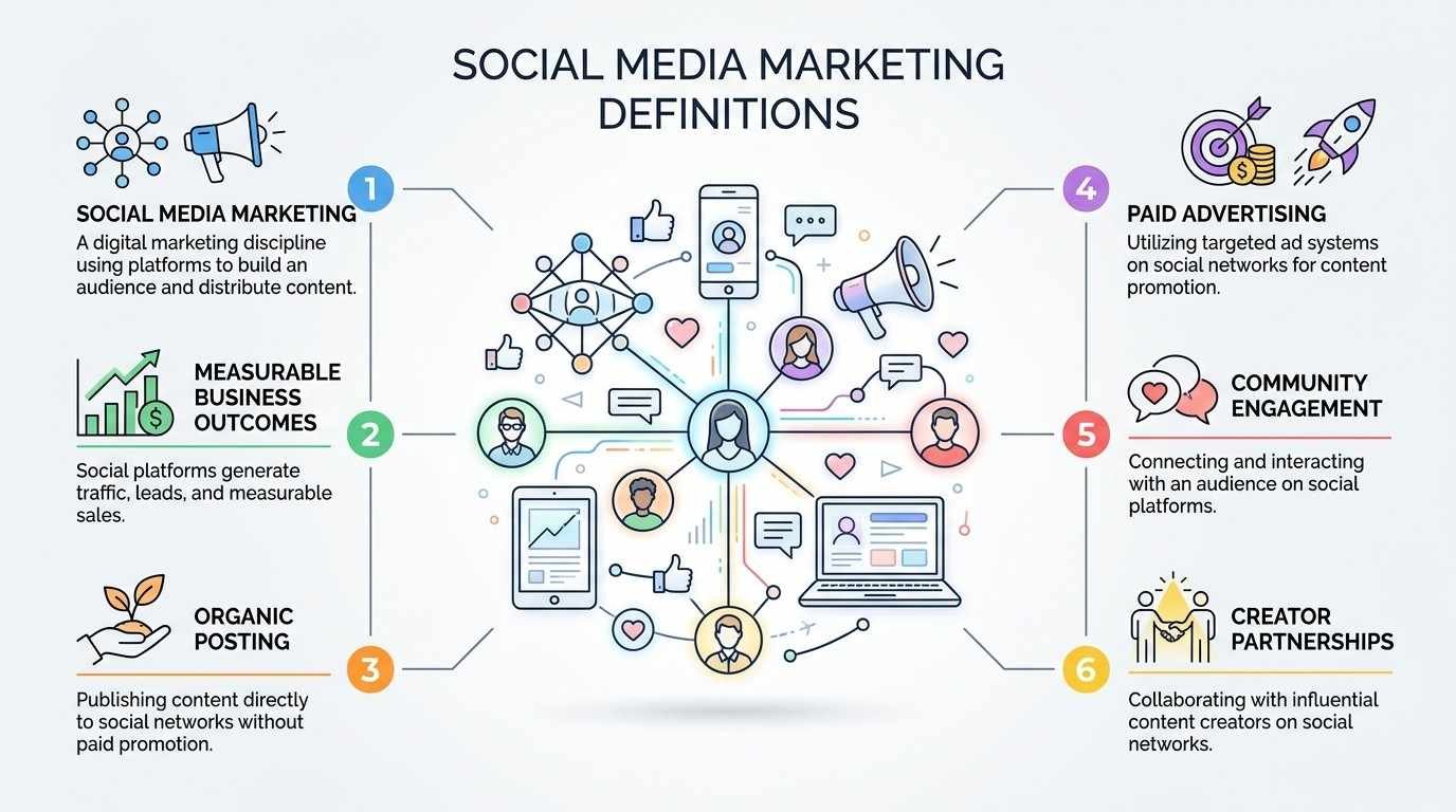 Social Media Marketing Definitions infographic outlining six core pillars around an illustrated central network: Social Media Marketing, Measurable Business Outcomes, Organic Posting, Paid Advertising, Community Engagement, and Creator Partnerships.