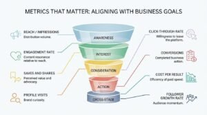 Social media metrics and analytics infographic showing an advertising and marketing funnel mapped to key performance indicators across Awareness, Interest, Consideration, Action, and Cross-Stage tiers.