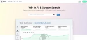 SpyFu homepage hero section with the headline 'Win in AI & Google Search' above a domain search bar and an SEO Overview dashboard preview for dunkindonuts.com.