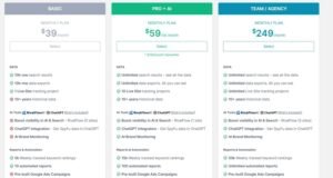 SpyFu subscription pricing table comparing Basic at $39/month, Pro + AI at $59 for the first month, and Team / Agency at $249/month across data limits, AI integrations, and automated reporting.