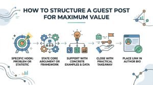 Infographic illustrating how to structure a guest post for maximum editorial value across five steps: hooking readers with a problem or statistic, stating a clear argument or framework, supporting claims with concrete examples and data, closing with actionable takeaways, and securing link equity via the author bio.