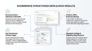 Ecommerce structured data and rich results infographic showing schema markup data flowing from an online product page into an enhanced Google search snippet with star ratings, pricing, and stock status.