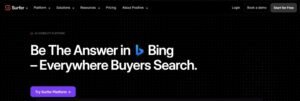 Surfer SEO homepage hero banner with the headline 'Be The Answer in Bing – Everywhere Buyers Search' set against a black dot-grid background with a call-to-action button to try the Surfer platform.