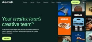 Screenshot of the Superside homepage featuring the headline 'Your creative team's creative team' with subtext about AI workflows and global design talent alongside a portfolio grid of brand creative assets.