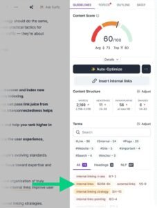 Surfer SEO Content Editor sidebar displaying a Content Score gauge of 60 out of 100, content structure benchmarks, and NLP keyword recommendations alongside an active article draft.