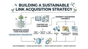 Infographic titled BUILDING A SUSTAINABLE LINK ACQUISITION STRATEGY illustrating an interconnected white-hat framework across three main pillars: Prioritize Earned Over Purchased (sprouting tree in a gear, compounding authority, removes penalty risk), Content-Led Link Earning (open book and analytics tools with a linear flow: Publish Useful Resources -> Other Sites Want to Reference -> Scales and Automatically), and Diversify Acquisition Channels (branching into Digital PR, Resource Page Outreach, and Organic Citation), leading down to a protective shield and linked chain signifying reduced dependency, a natural backlink profile, resistance to algorithmic scrutiny, and high defensibility.