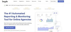 Swydo homepage hero section titled 'The #1 Automated Reporting & Monitoring Tool for Online Agencies' featuring sample marketing KPI cards, charts, and a Get Started button.
