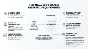 Technical SEO for AEO infographic illustrating the core requirements for AI citation: crawler access, robots.txt bot rules, server-side HTML rendering, and raw HTML availability.