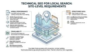 Technical SEO for local search site-level requirements infographic detailing mobile performance, crawlability, LocalBusiness structured data, and HTTPS security.