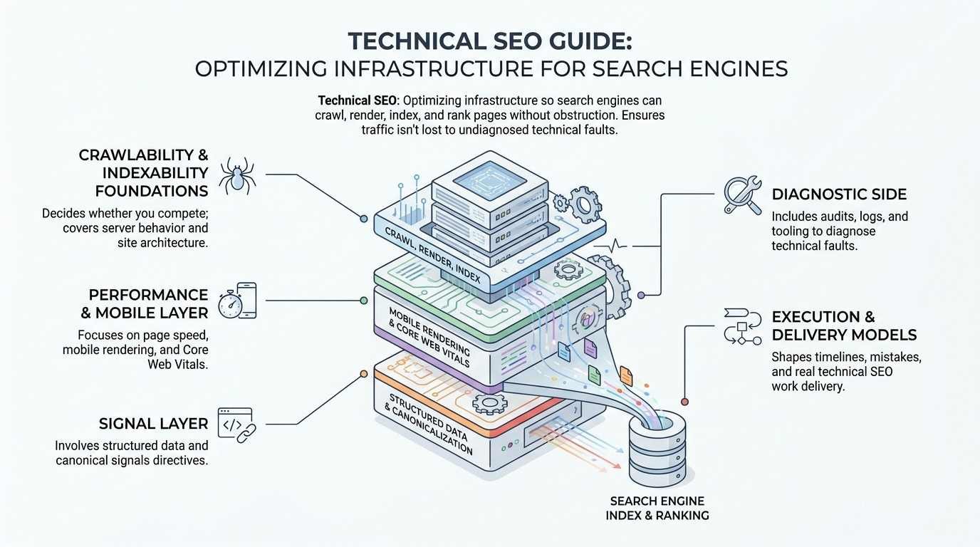 Technical SEO guide infographic illustrating an isometric layered server infrastructure feeding into search engine indexing and ranking, highlighting crawlability, performance, mobile rendering, and structured data signal layers.