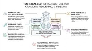 Technical SEO infrastructure diagram showing the stages of crawling, rendering, and indexing alongside key optimization elements like site architecture, Core Web Vitals, and indexation control.