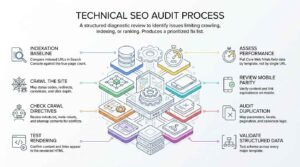 Technical SEO audit process infographic displaying an isometric modular machine layout outlining an 8-step diagnostic workflow: indexation baseline, site crawling, crawl directives, rendering testing, performance assessment, mobile parity, duplication auditing, and structured data validation.