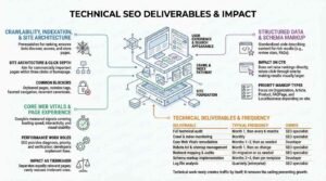 Technical SEO deliverables and impact infographic detailing crawlability, site architecture, Core Web Vitals, schema markup, and an audit frequency schedule.