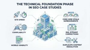 Infographic titled THE TECHNICAL FOUNDATION PHASE IN SEO CASE STUDIES outlining site speed, crawlability, mobile usability, Core Web Vitals improvements, XML sitemap corrections, and duplicate content resolution around a central isometric server data architecture.