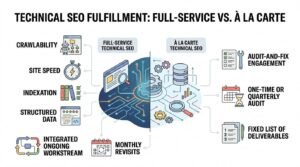 Infographic titled Technical SEO Fulfillment: Full-Service vs. À La Carte comparing ongoing integrated technical workstreams with modular audit-and-fix engagements.