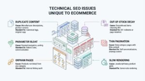 Technical SEO issues unique to ecommerce infographic illustrating six core store architecture challenges—duplicate content, parameter bloat, orphan pages, out-of-stock decay, thin pagination, and slow rendering—with their causes and standard fixes surrounding an isometric server setup.