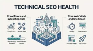 Infographic titled TECHNICAL SEO HEALTH contrasting crawl errors and indexation rate metrics against Core Web Vitals and site speed indicators around a central isometric server cityscape.