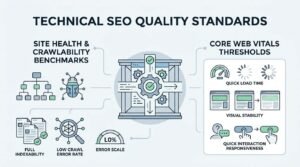 Infographic titled Technical SEO Quality Standards outlining site health and crawlability benchmarks alongside Core Web Vitals performance thresholds.