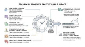 Technical SEO fixes time to visible impact infographic illustrating typical timelines for search engine recrawling and ranking improvements across crawl unblocking, structured data, canonical cleanup, site architecture, Core Web Vitals, and site migrations.