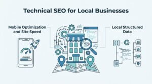 Infographic titled LOCAL CONTENT STRATEGY detailing blog posts about local events or news, location-specific service pages, and content answering unique local market questions around a central isometric business district map.