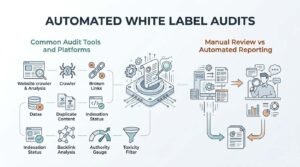 Infographic titled Automated White Label Audits breaking down common audit tools and platforms alongside a comparison of manual review versus automated reporting workflows.