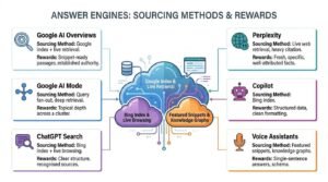 Answer engines sourcing methods and rewards infographic comparing how Google AI Overviews, Google AI Mode, ChatGPT Search, Perplexity, Copilot, and Voice Assistants retrieve web information and what content formats they reward.