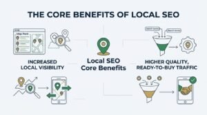 Infographic titled THE CORE BENEFITS OF LOCAL SEO illustrating two primary value pillars: Increased Local Visibility with Map Pack listings and mobile navigation, and Higher Quality, Ready-To-Buy Traffic with intent funnels and conversion handshakes around a central green map pin hub.