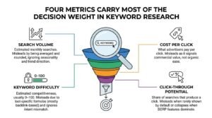 Keyword research metrics infographic illustrating four core evaluation factors—search volume, cost per click, keyword difficulty, and click-through potential—feeding into a central magnifying glass and funnel diagram pointing toward a target.