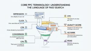 Core PPC terminology infographic illustrating paid search concepts mapped around a multi-layered ad conversion funnel, defining impressions, clicks, CTR, conversions, CPA, CPC, Quality Score, Ad Rank, and ROAS.