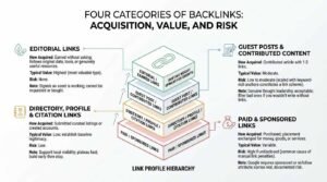 Four categories of backlinks infographic detailing acquisition methods, value, and risk levels across an isometric link profile hierarchy: editorial links, guest posts, directory citations, and paid links.