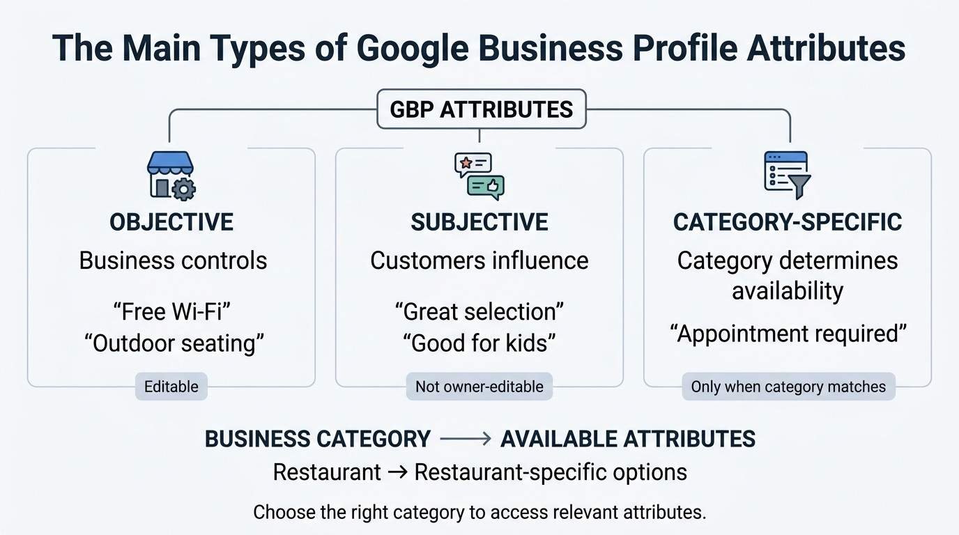 Infographic explaining the main types of Google Business Profile attributes: objective attributes controlled by the business, subjective attributes influenced by customers, and category-specific attributes determined by the business category.