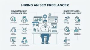 Infographic titled HIRING AN SEO FREELANCER comparing the advantages of freelance SEO against the disadvantages of freelance SEO around a central remote specialist workstation.