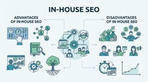 Infographic titled IN-HOUSE SEO detailing the advantages and disadvantages of hiring an internal SEO team centered around an organizational workflow hub.