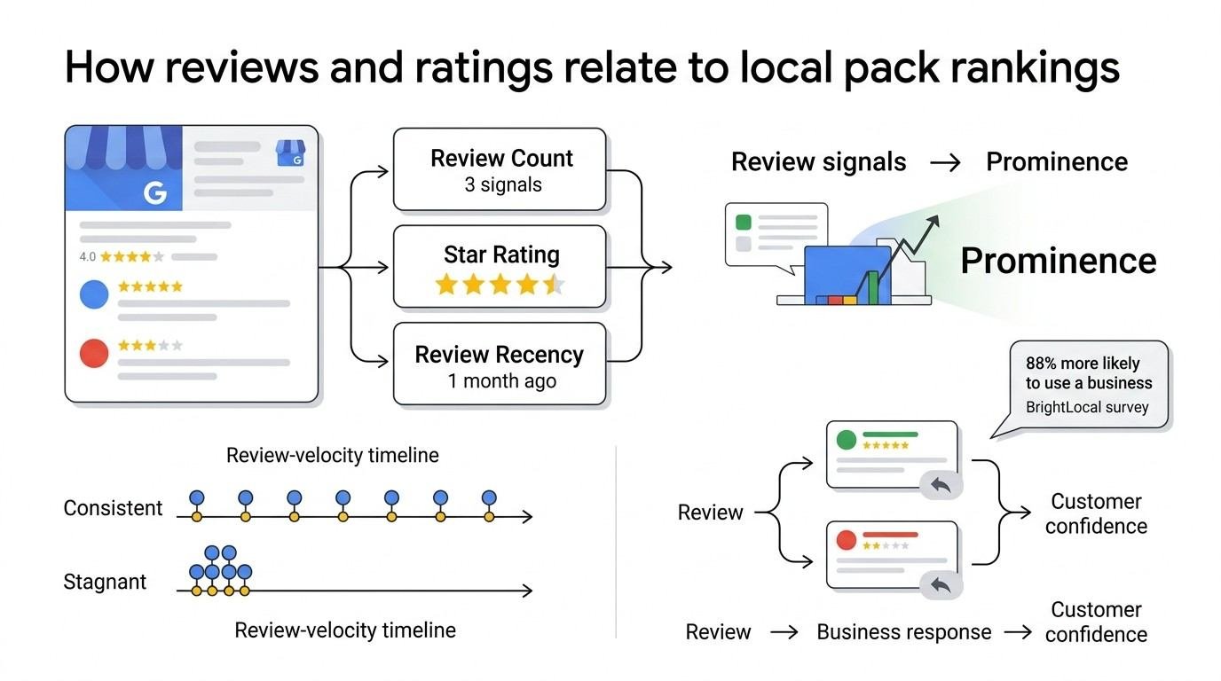 Infographic explaining how reviews and ratings relate to Local Pack rankings, showing review count, star rating, review recency, review velocity, business responses, prominence, and customer confidence.