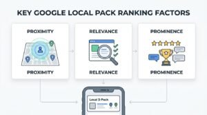 Infographic titled KEY GOOGLE LOCAL PACK RANKING FACTORS outlining three core pillars: PROXIMITY with a user geofence map, RELEVANCE with an inspected webpage and verified checklist, and PROMINENCE with five-star ratings, a championship trophy, and review bubbles, all routing into a mobile Local 3-Pack interface.