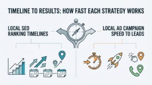 Infographic titled TIMELINE TO RESULTS: HOW FAST EACH STRATEGY WORKS contrasting Local SEO Ranking Timelines against Local Ad Campaign Speed to Leads around a central stopwatch signpost split into two directional paths.