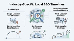 Infographic titled Tracking and Report Local SEO ROI illustrating core analytics and attribution tools—Google Search Console, Google Analytics 4, Call tracking software, Google Business Profile Insights, and Rank tracking tools—surrounding a central Local ROI gear and map network hub.