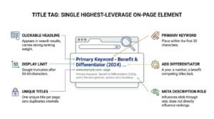 Title tag optimization infographic depicting a Google search snippet preview broken down by best practices, including 50-60 character display limits, front-loading primary keywords, adding differentiators, and the CTR role of meta descriptions.
