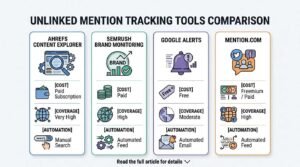 Infographic titled UNLINKED MENTION TRACKING TOOLS COMPARISON benchmarking four monitoring solutions inside rounded cards: Ahrefs Content Explorer (Paid Subscription, Very High coverage, Manual Search), Semrush Brand Monitoring (Paid, High coverage, Automated Feed), Google Alerts (Free, Moderate coverage, Automated Email), and Mention.com (Freemium / Paid, High coverage, Automated Feed).