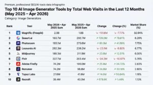 able ranking the Top 10 AI Image Generator Tools by total web visits from May 2025 to April 2026, led by Magnific (Freepik) with 1.8 billion visits and a 50.94% market share, followed by Seaart.ai and Photoroom.