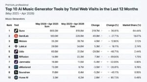 Table ranking the Top 10 AI Music Generator Tools by total web visits from May 2025 to April 2026, led by Suno with 819.9 million visits and a 64.44% market share, followed by BandLab and Moises.