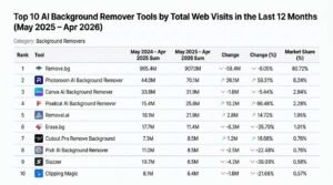 Table ranking the Top 10 AI Background Remover Tools by total web visits from May 2025 to April 2026, led by Remove.bg with 907.0 million visits and an 80.72% market share, followed by Photoroom and Canva